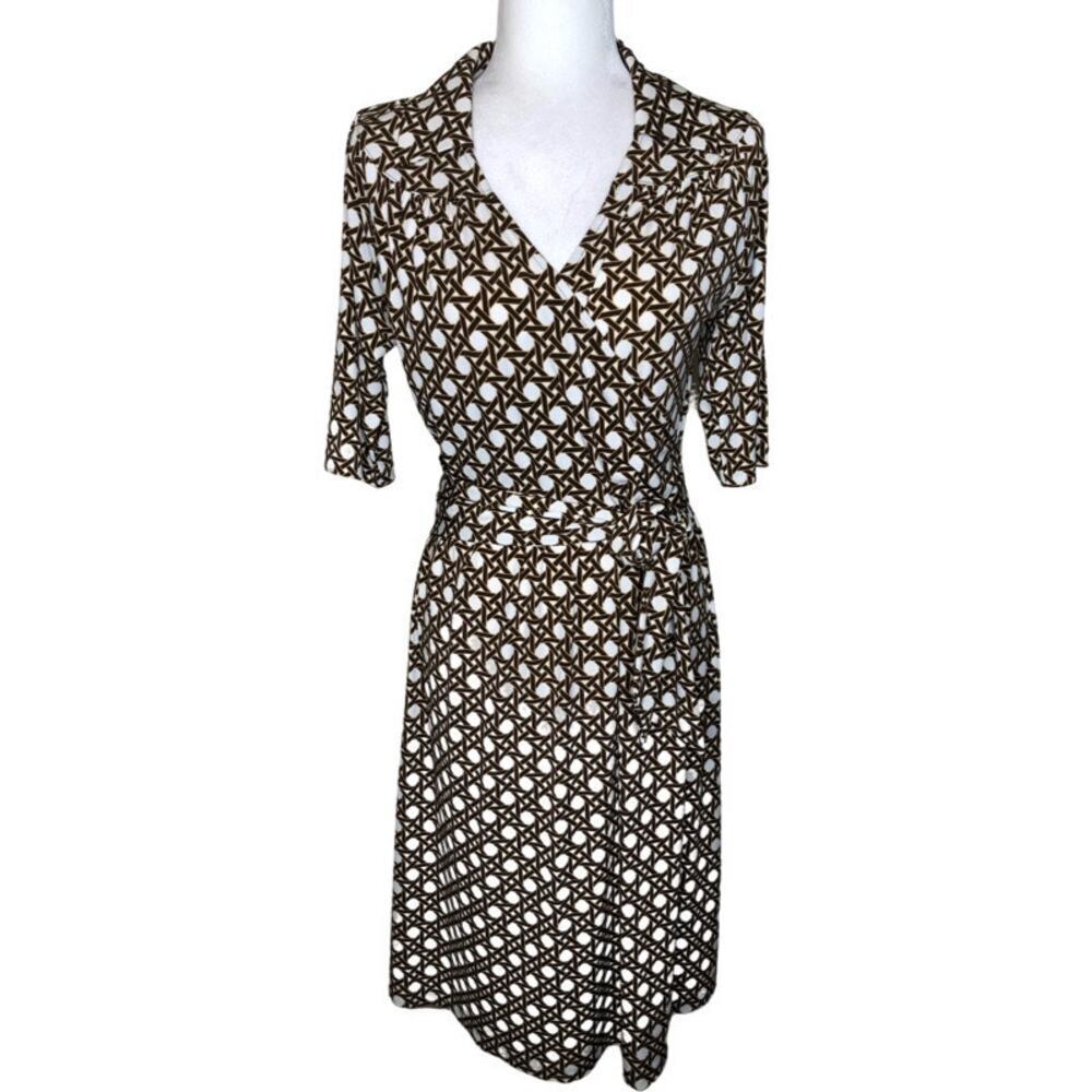 Talbots Faux Wrap Dress in Brown and White Weave Print Retro US 4 Mod 70’s
